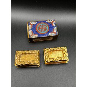 VTG Antique Brass Cloisonne Enamel Match Box Holder Safe Blue Gold Set of 3